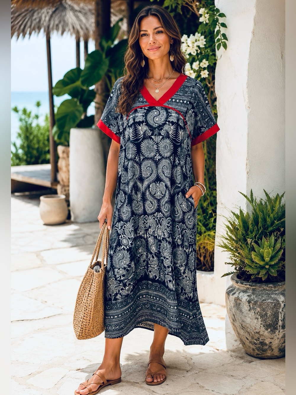 Lastoria Blue & White Boho Paisley Resort Asian inspired Maxi Dress w/ Red Trim